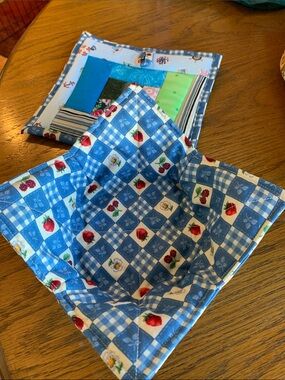 Blue Gingham Fruit Print Quilted Pot Holders and Bowl Cozy